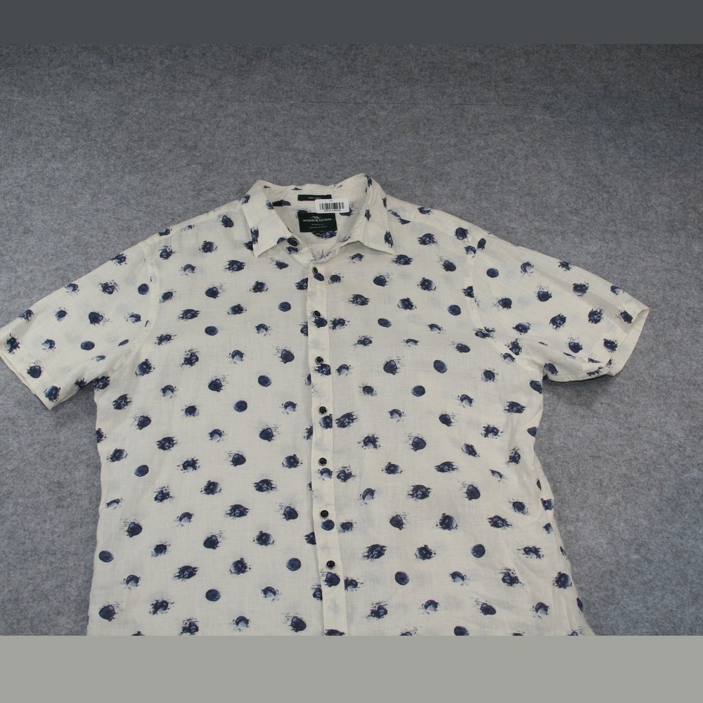 Rodd & Gunn Mens Button Down Shirt 2XL Cream Linen Abstract Polka Dot Sport Fit